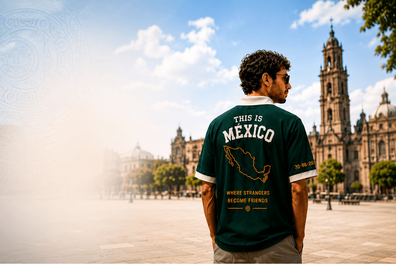 Modelo con playera TIMX en una plaza de México